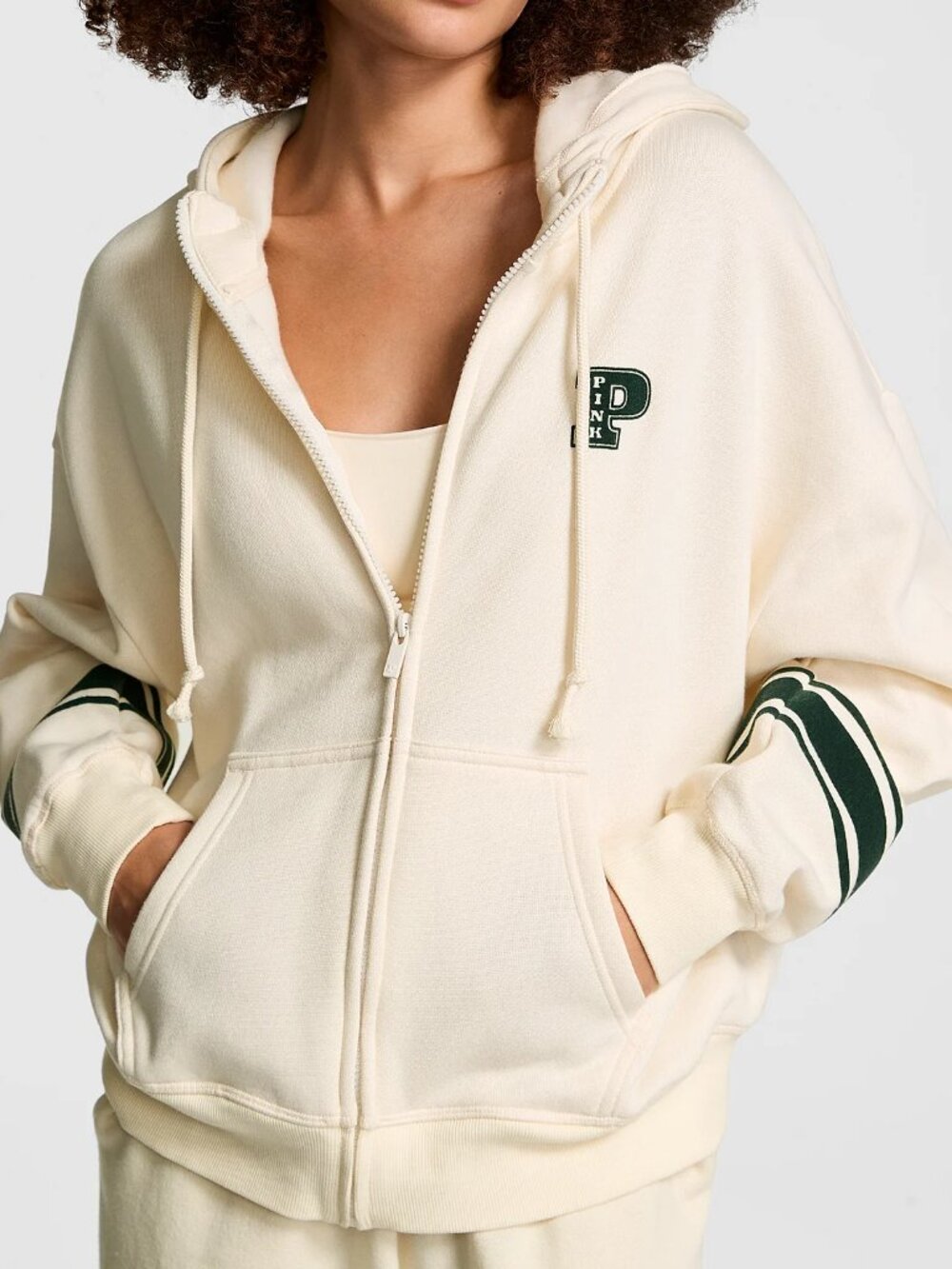 PINK Victoria Secret Ivy Fleece Campus Full Zip Hoodie Sweatshirt White Shell L